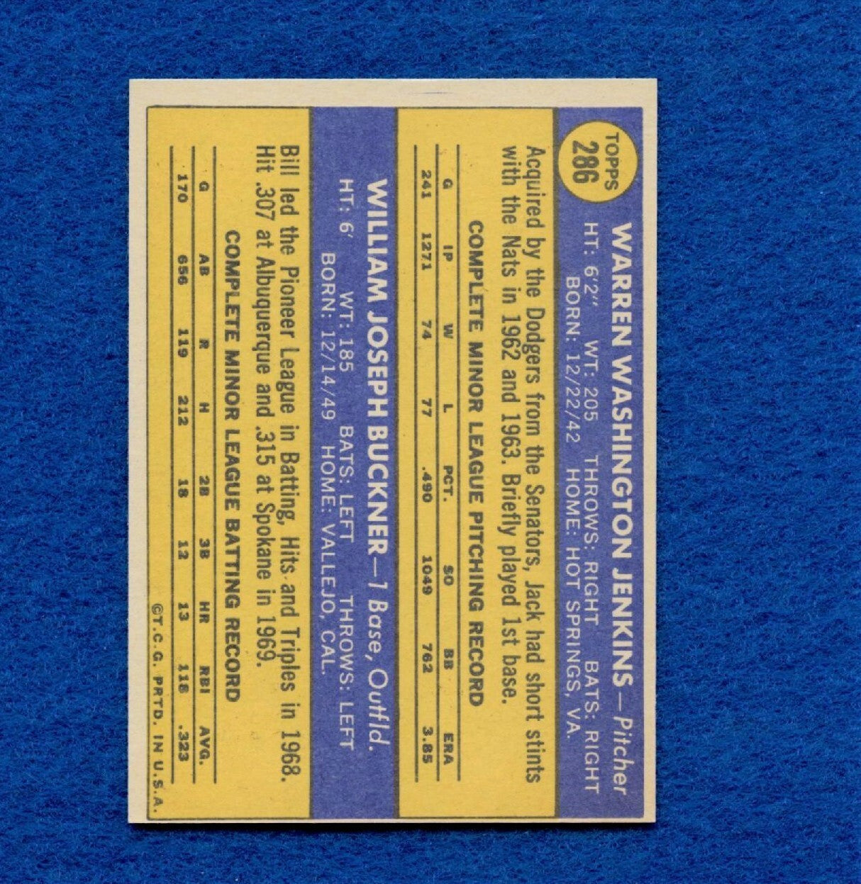 1970 Topps Set Break Pack Fresh #286 Dodgers Rookie Jenkins/Buckner NR MT *901