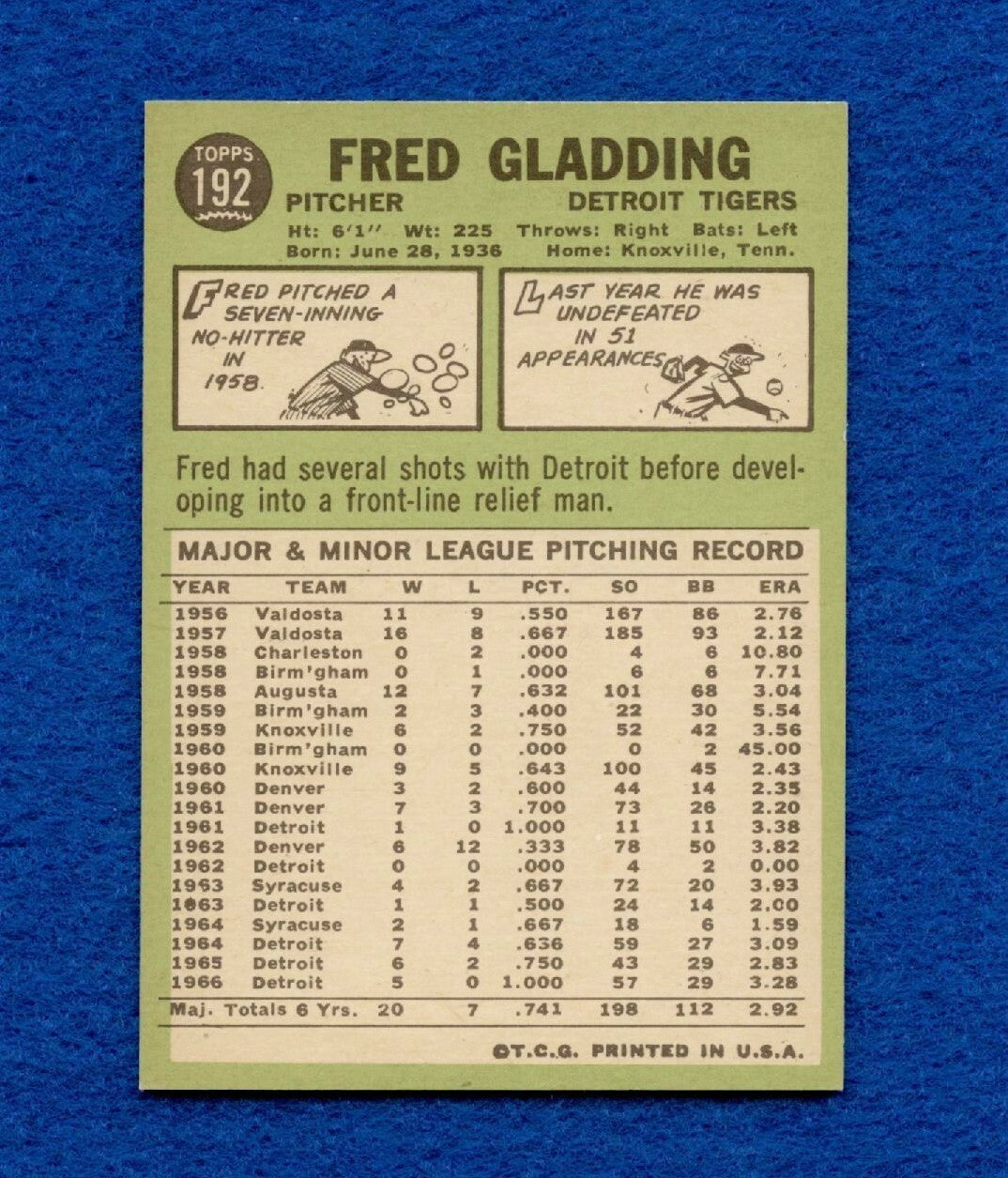 1967 Topps Set Break Pack Fresh #192 Fred Gladding EX+ #138