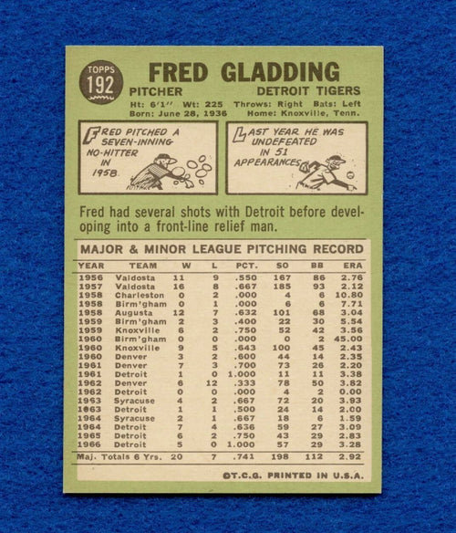1967 Topps Set Break Pack Fresh #192 Fred Gladding EX+ #138