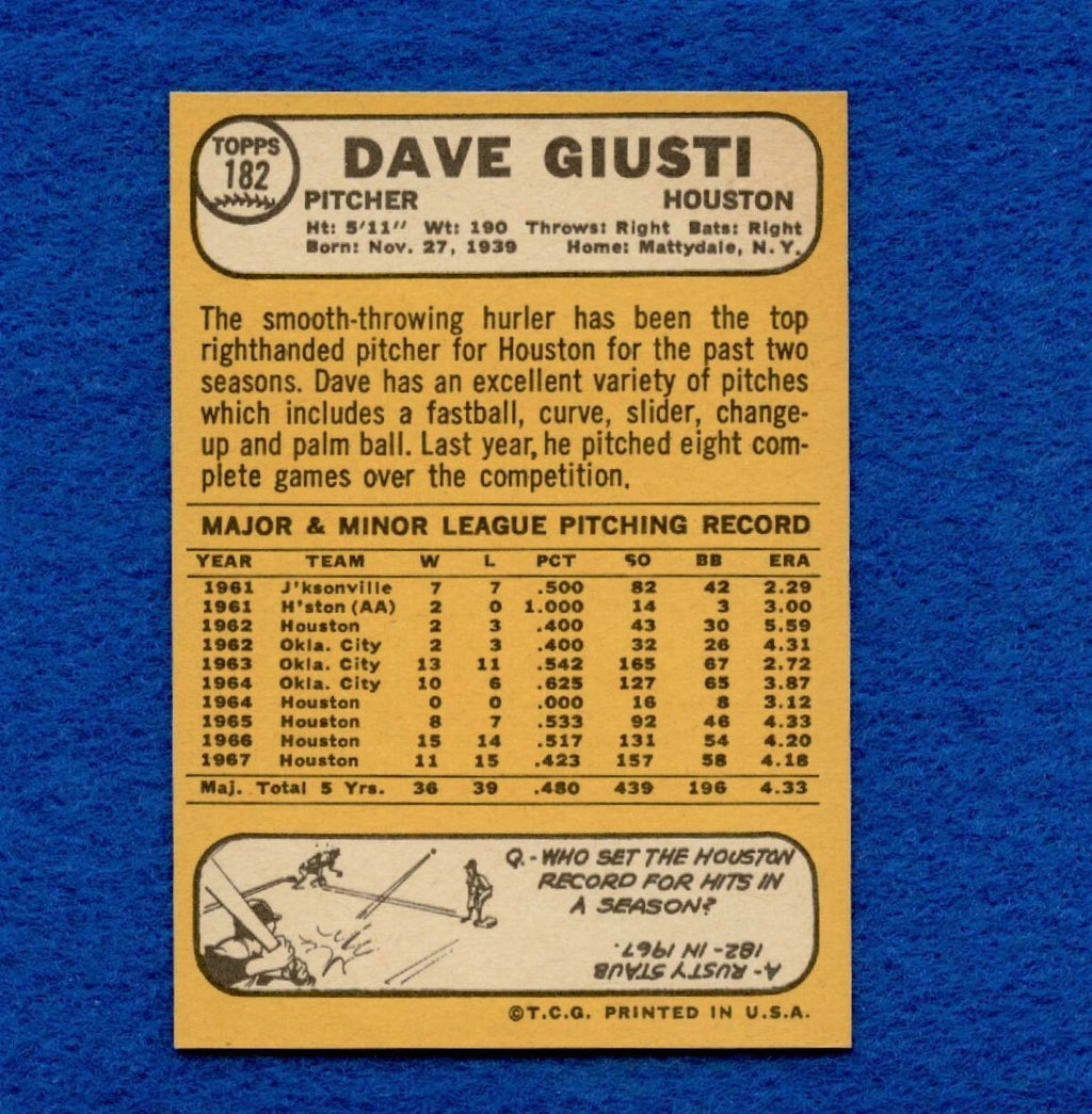1968 Topps Set Break Pack Fresh #182 Dave Giusti NR MT #375