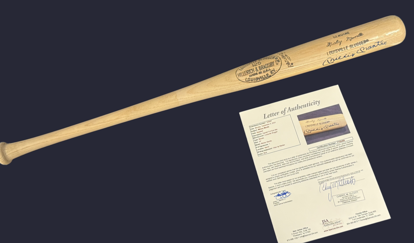 Mickey Mantle Signed Autographed Louisville Slugger Bat NY Yankees - JSA Letter