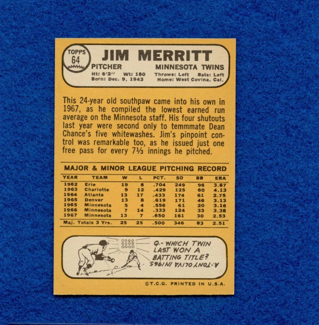 1968 Topps Set Break Pack Fresh #64 Jim Merritt NR MT #493