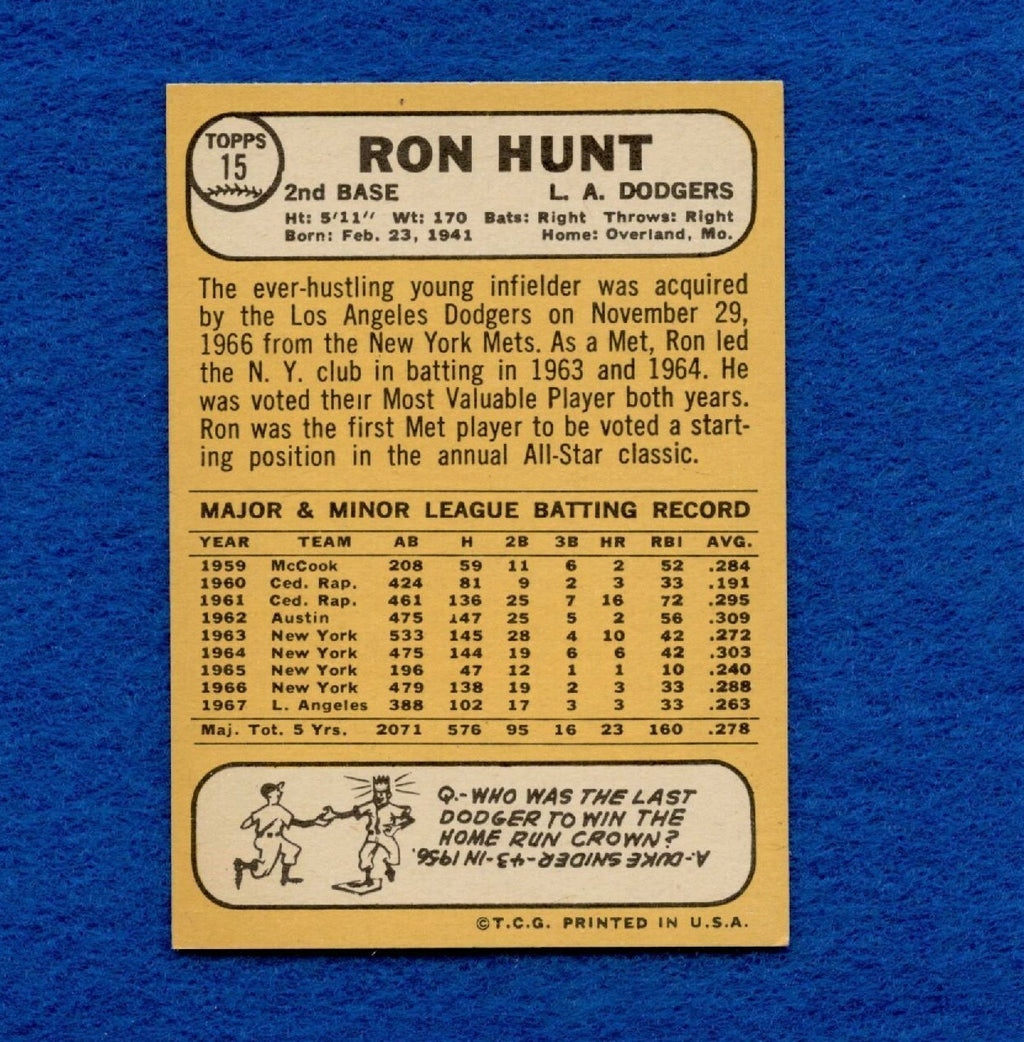 1968 Topps Set Break Pack Fresh #15 Ron Hunt EX #484