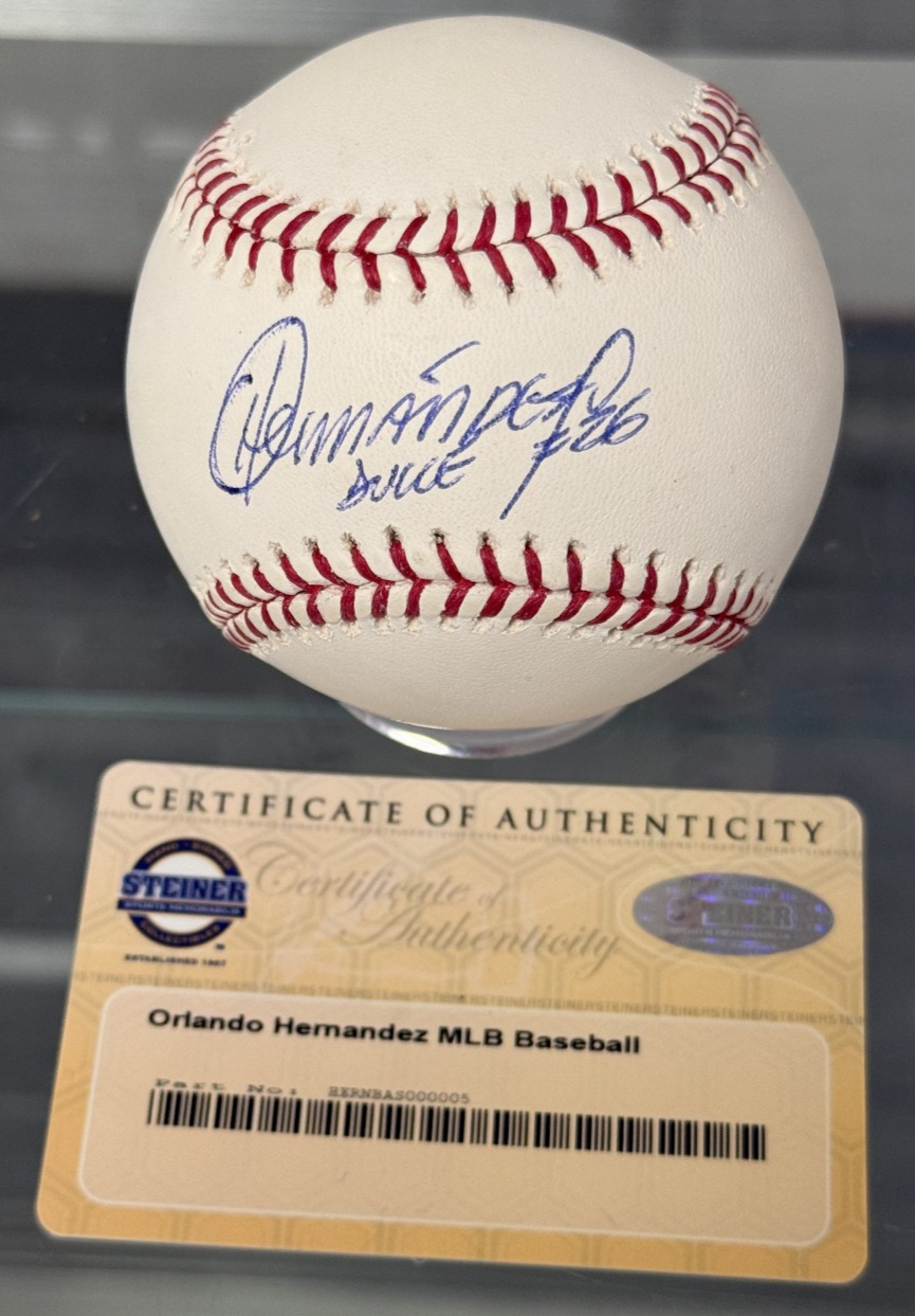 Orlando Hernández Autographed Signed MLB Baseball - Steiner COA & Sticker
