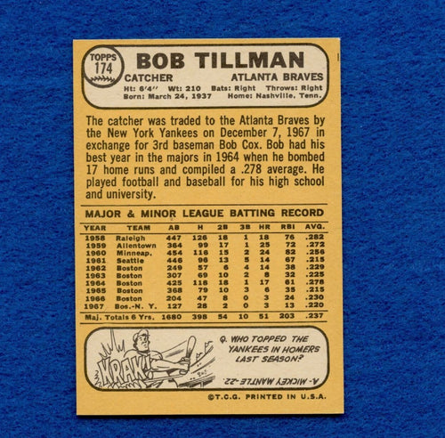 1968 Topps Set Break Pack Fresh #174 Bob Tillman EX MT #371