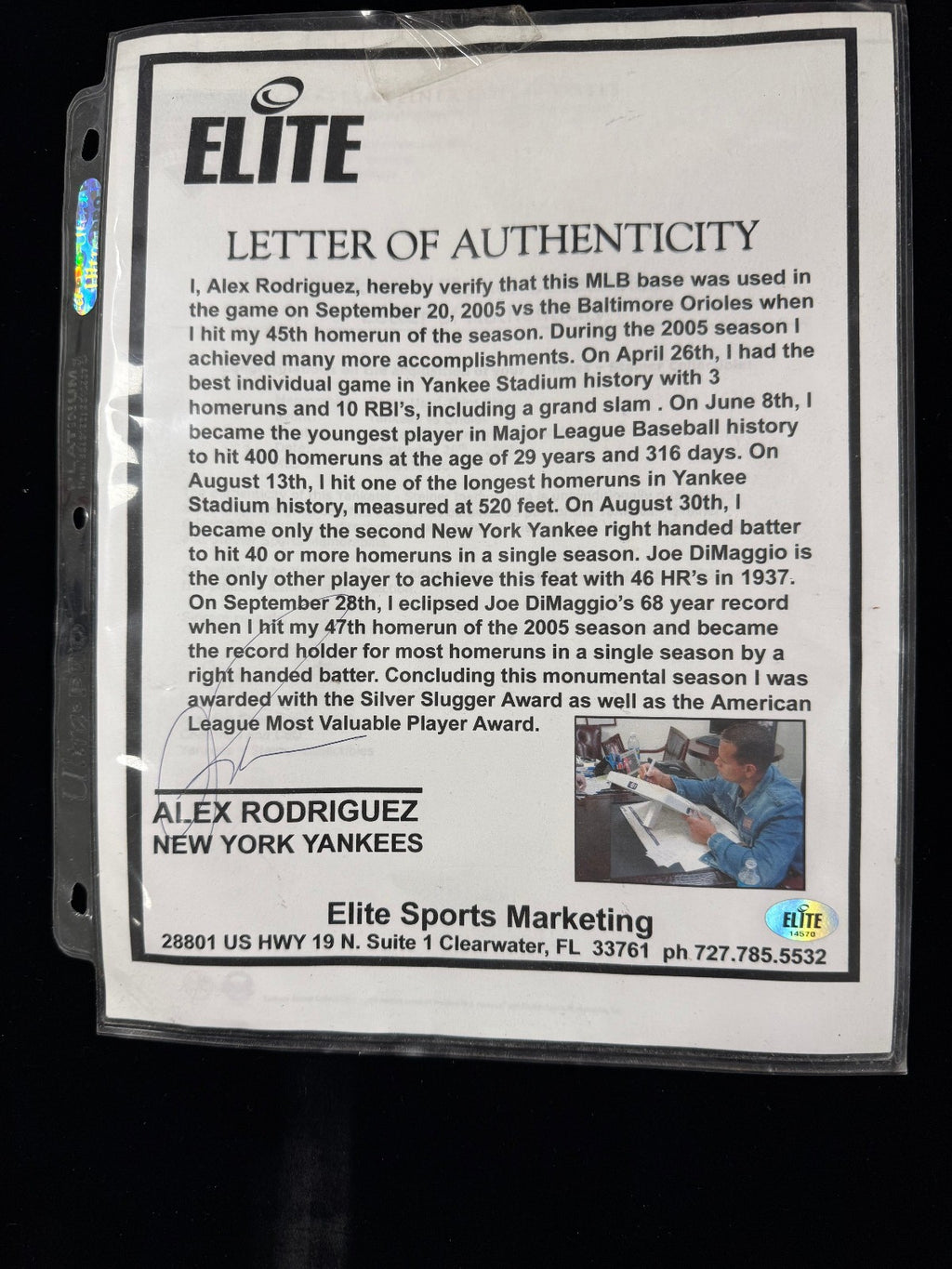 Alex Rodriguez Autographed Game Used Base - Steiner & MLB Hologram + Elite Auth.