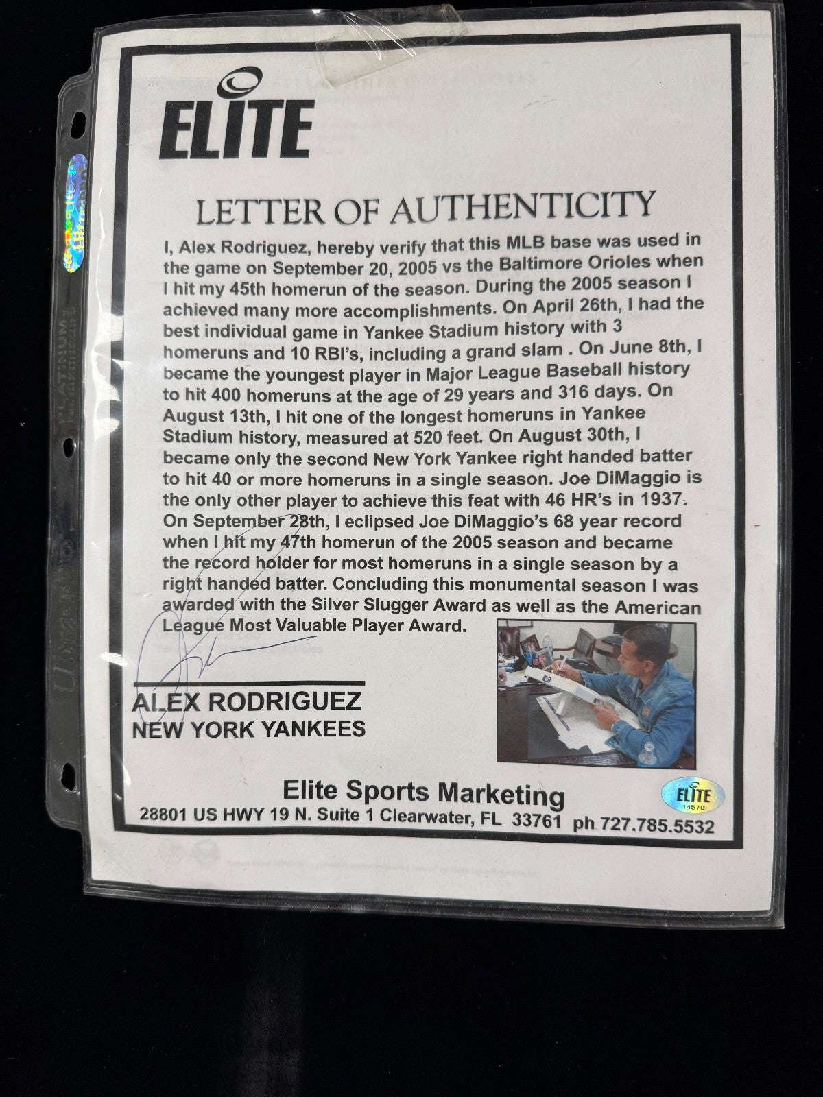 Alex Rodriguez Autographed Game Used Base - Steiner & MLB Hologram + Elite Auth.