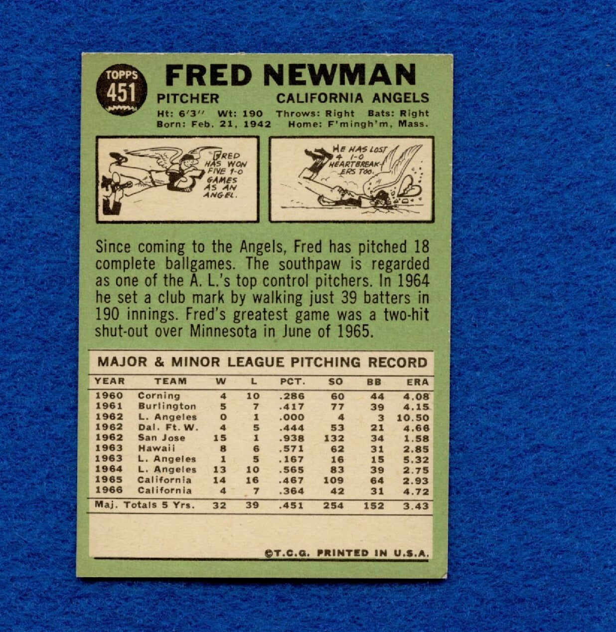 1967 Topps Set Break Pack Fresh #451 Fred Newman EX #97