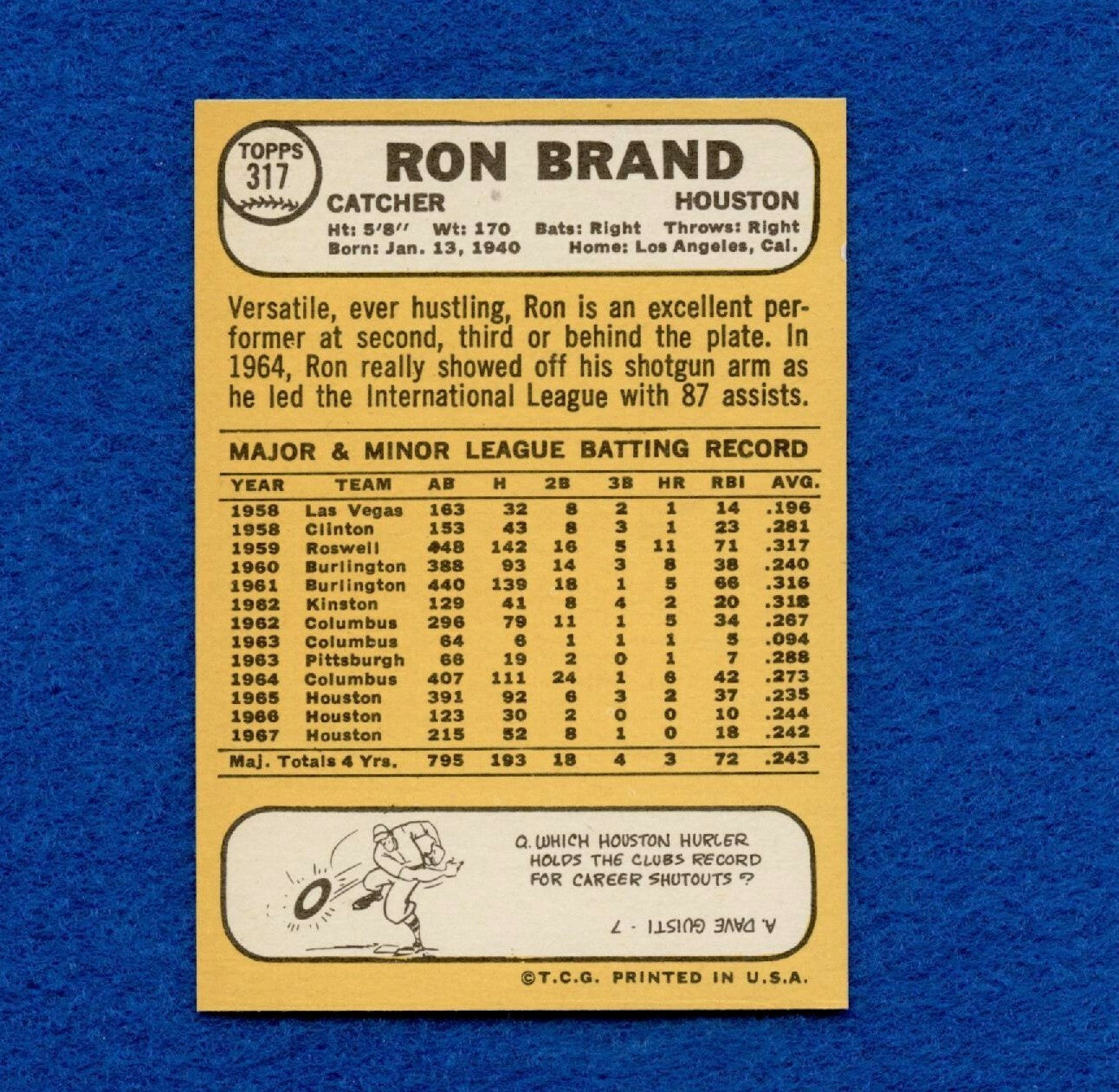 1968 Topps Set Break Pack Fresh #317 Ron Brand NR MT *542