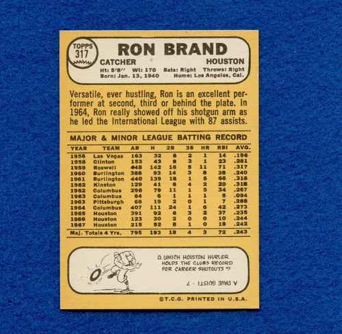 1968 Topps Set Break Pack Fresh #317 Ron Brand NR MT *542