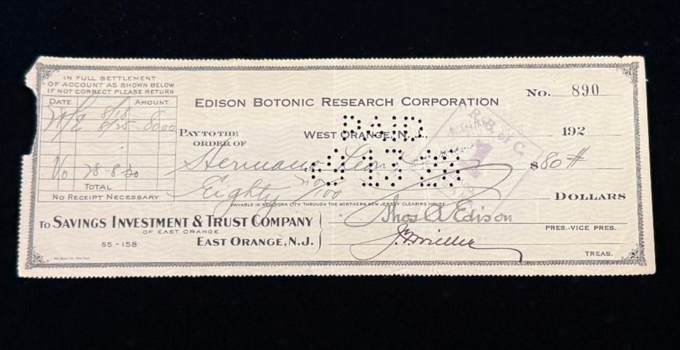 1928 Thomas Edison Signed Check - Full JSA Letter of Authentication (#890)