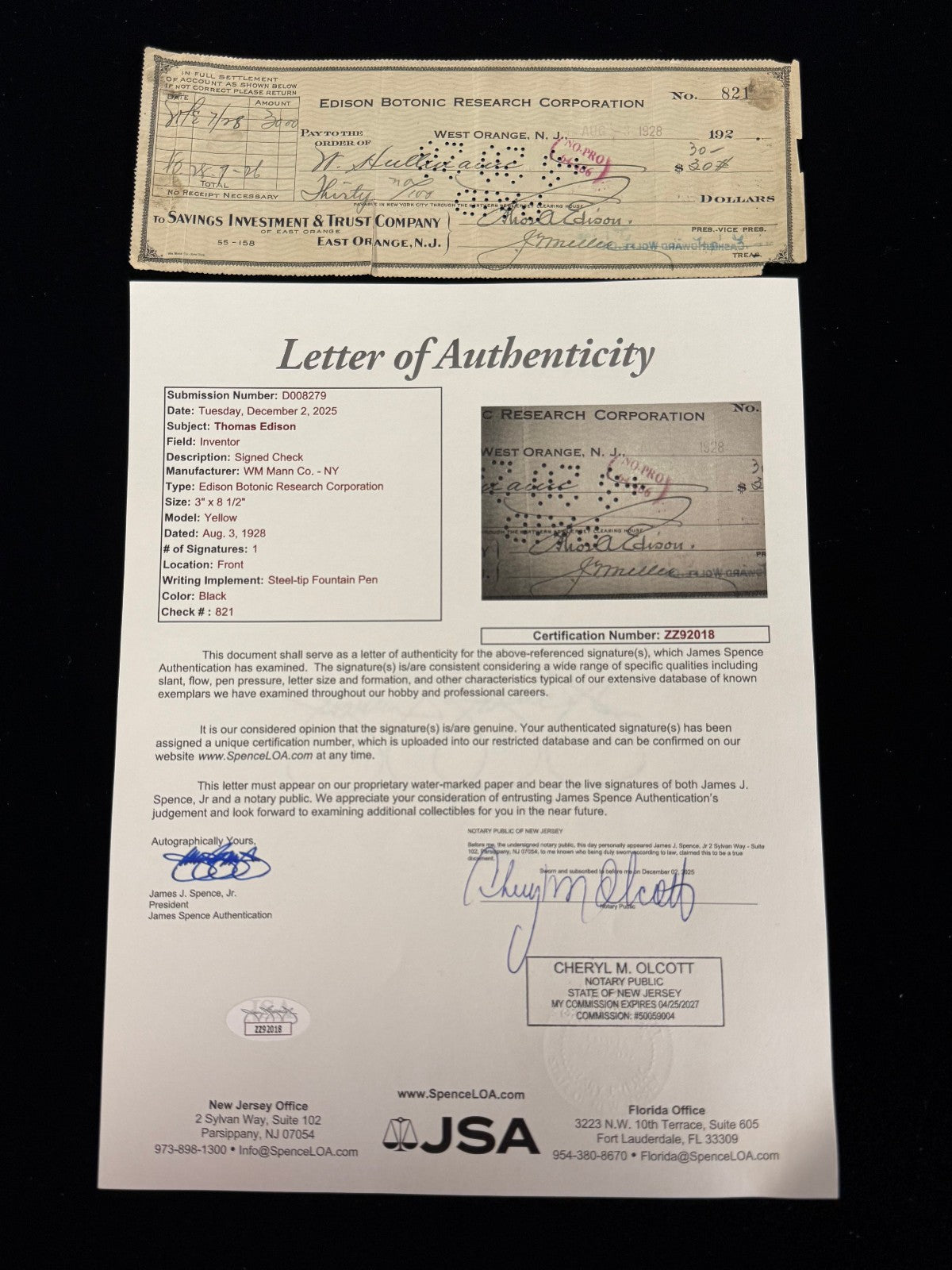 1928 Thomas Edison Signed Check - Full JSA Letter of Authentication (#821)
