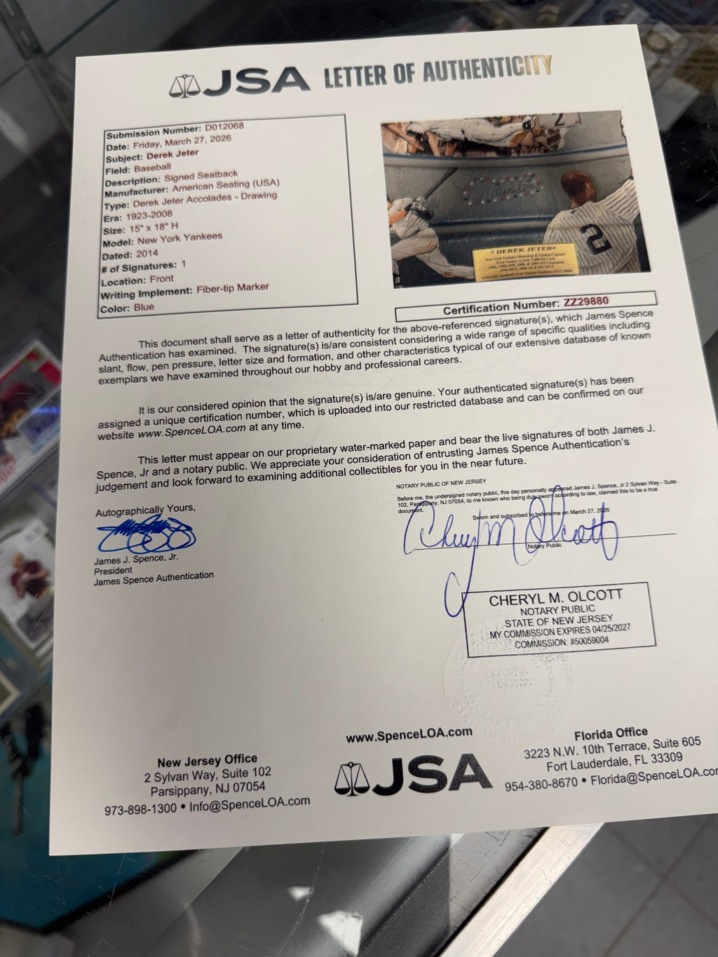 Derek Jeter Signed Autograph Original Yankee Stadium Seatback - JSA Authen.