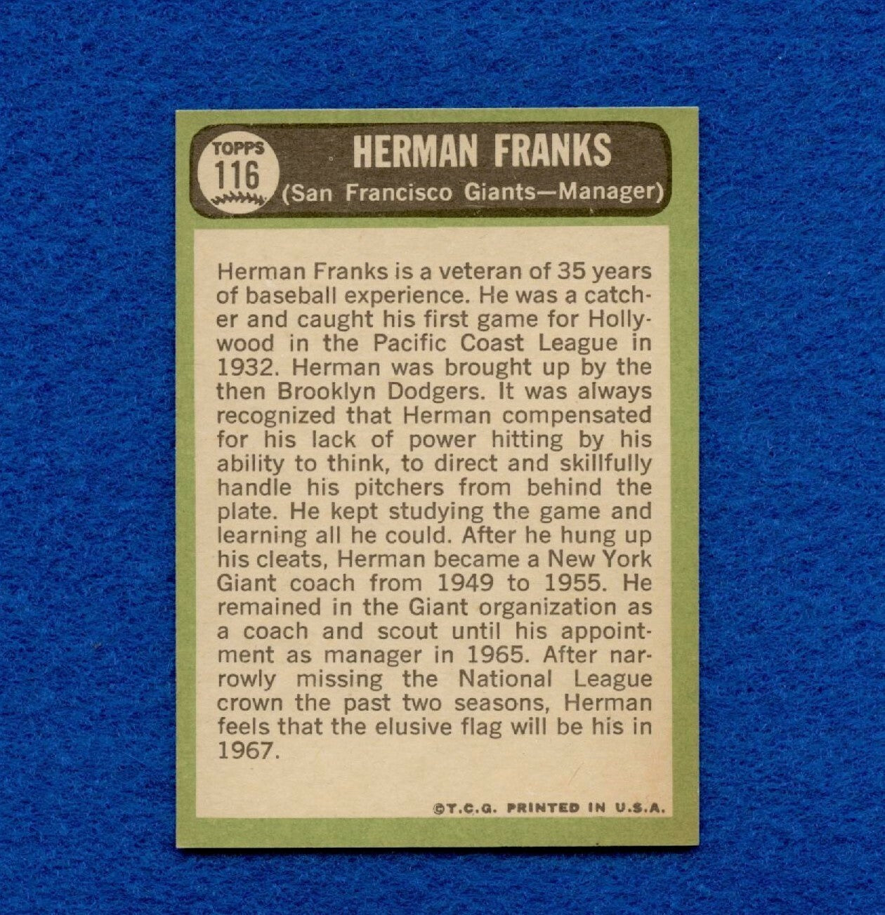 1967 Topps Set Break Pack Fresh #116 Herman Franks NR MT #156