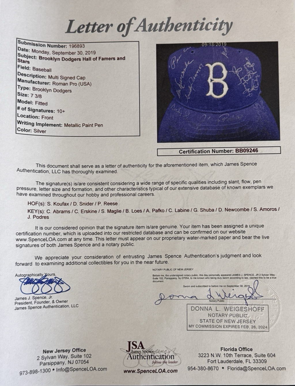 Brooklyn Dodgers Hall of Famers Multi Signed Autograph Hat (Sandy Koufax) - JSA
