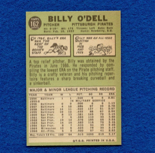 1967 Topps Set Break Pack Fresh #162 Billy O'Dell NR MT #146