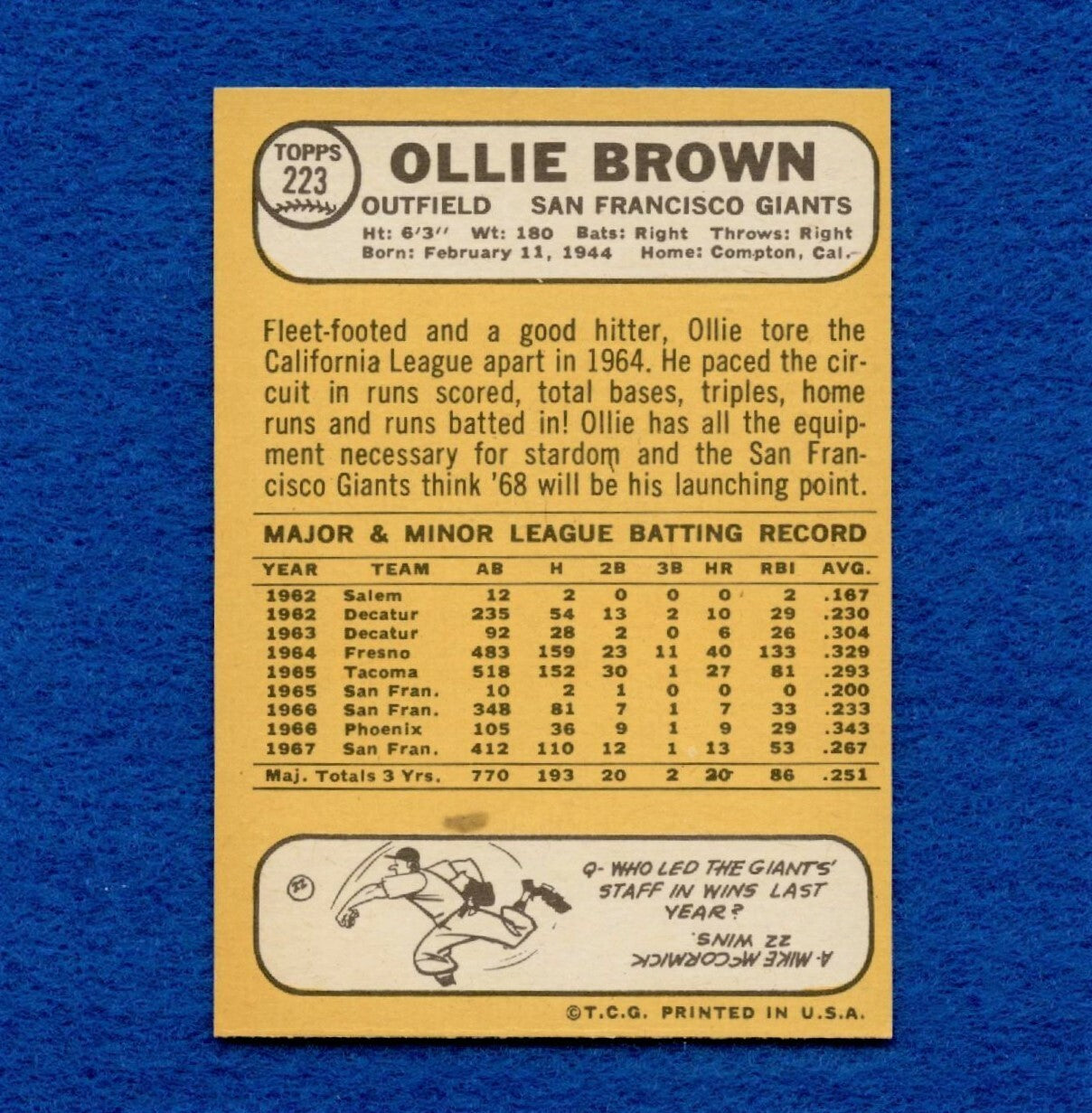 1968 Topps Set Break Pack Fresh #223 Ollie Brown EX MT #396