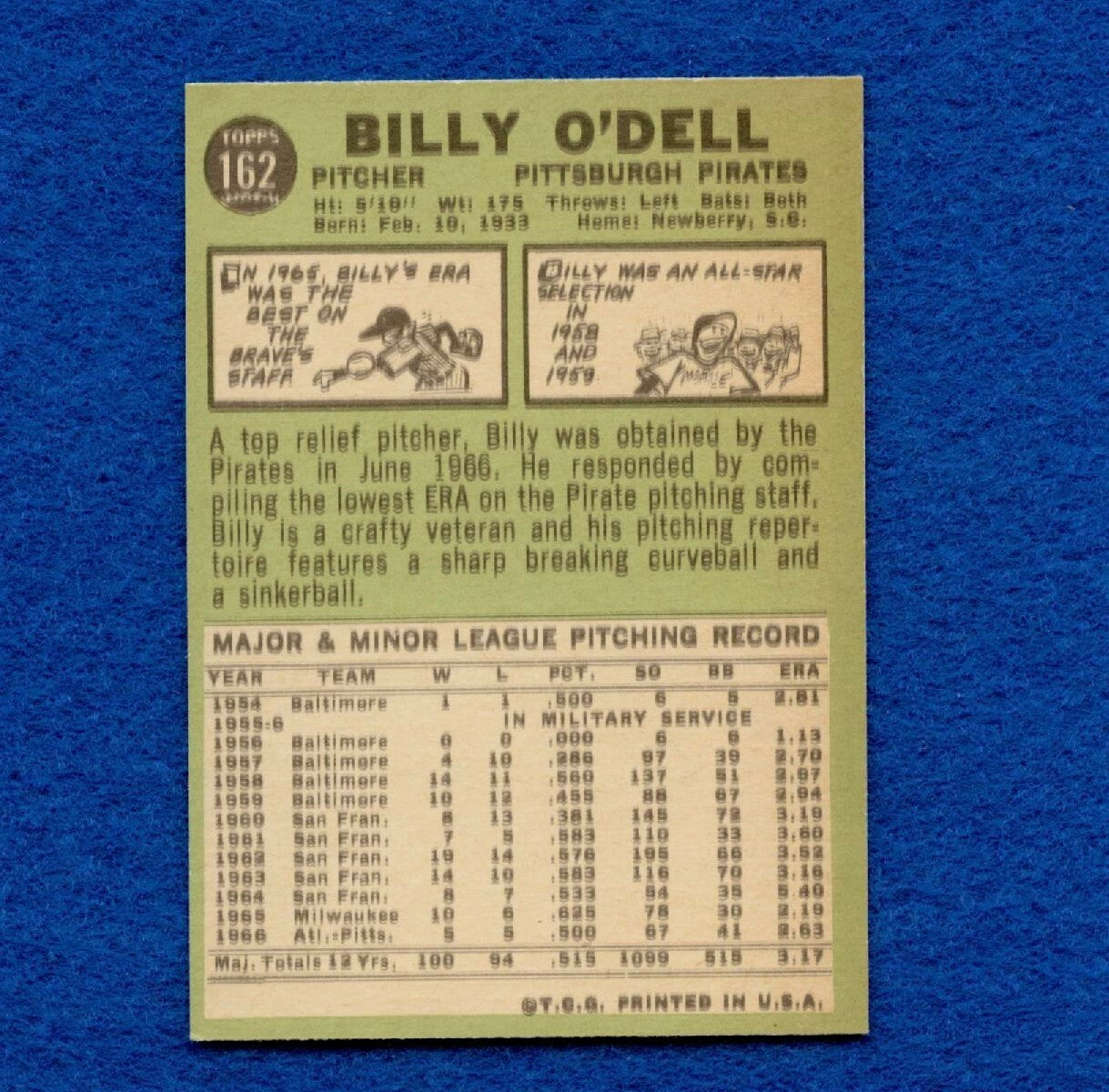 1967 Topps Set Break Pack Fresh #162 Billy O'Dell NR MT #146