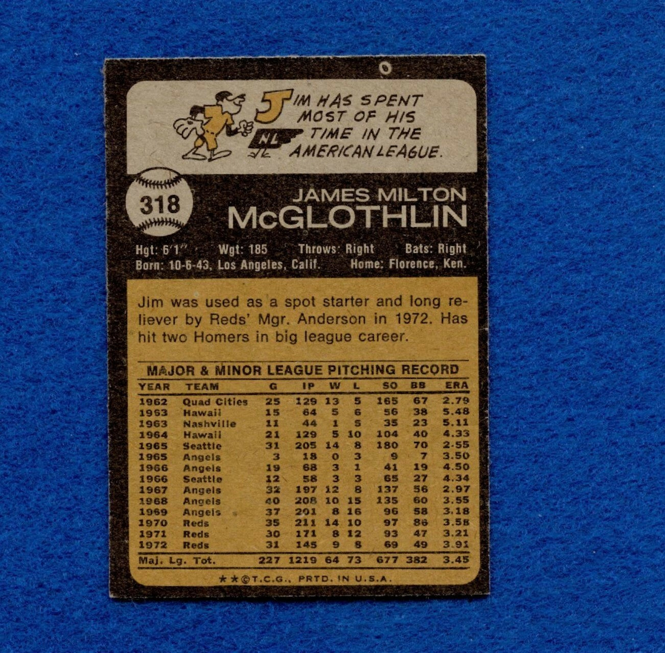 1973 Topps Set Break Pack Fresh #318 Jim McGlothlin NR MT *1293