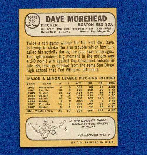 1968 Topps Set Break Pack Fresh #212 Dave Morehead EX MT #388
