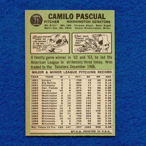 1967 Topps Set Break Pack Fresh #71 Camilo Pascual NR MT #223