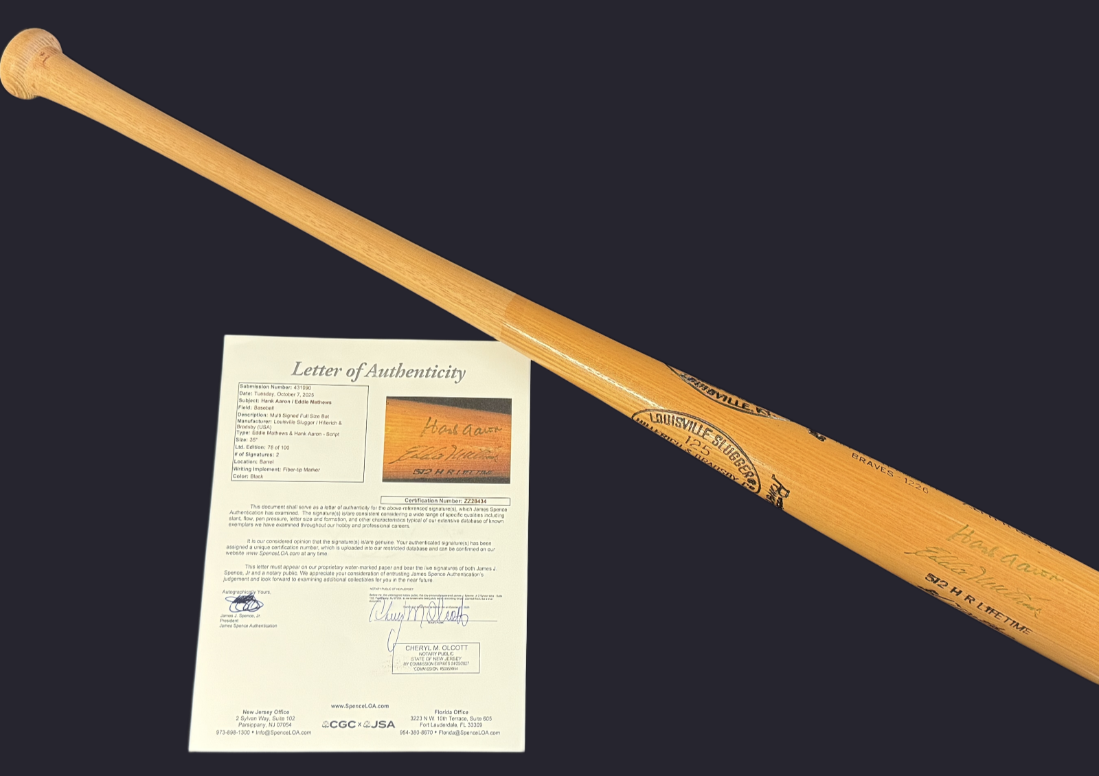 Hank Aaron & Eddie Mathews Multi Signed Full Size Bat - JSA Certified