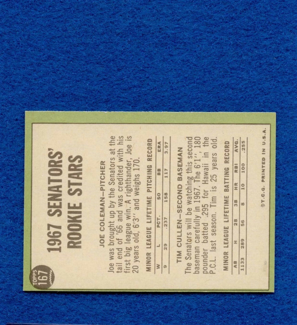 1967 Topps Set Break Pack Fresh #167 Senators Rookie Coleman Cullen NR MT #144