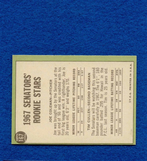 1967 Topps Set Break Pack Fresh #167 Senators Rookie Coleman Cullen NR MT #144