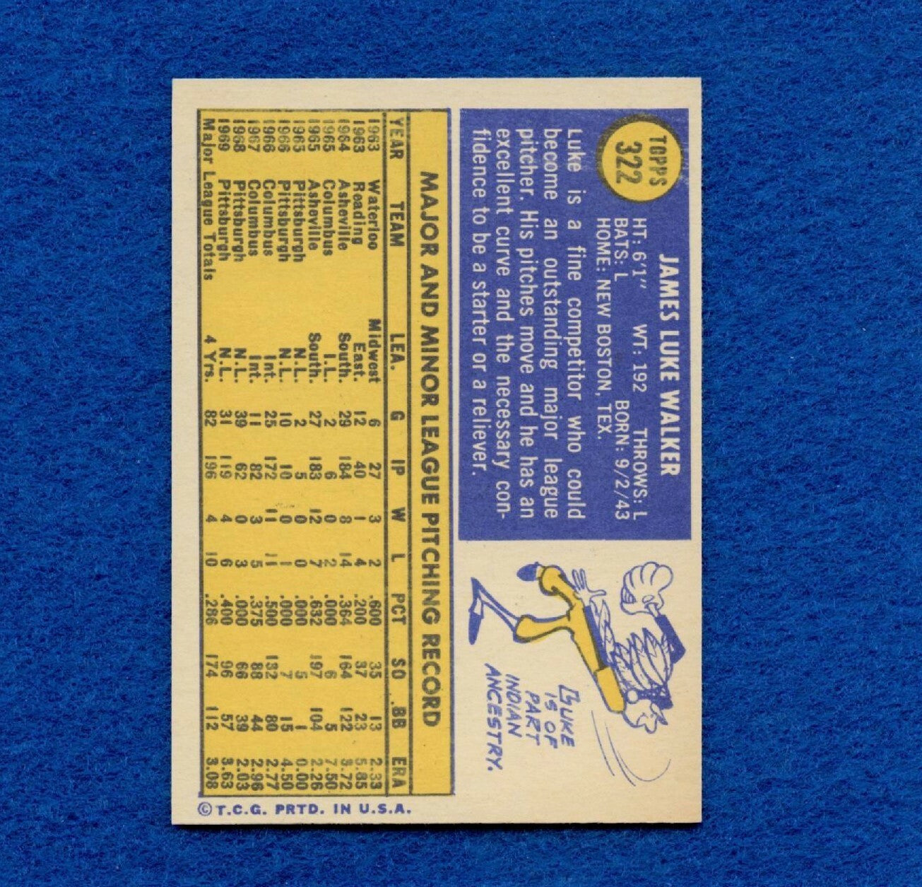 1970 Topps Set Break Pack Fresh #322 Luke Walker NR MT *884