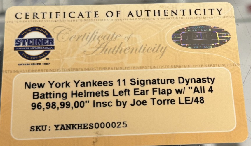 NY Yankees 11 Signature Dynasty Batting Helmet - Insc by Joe Torre - Steiner COA