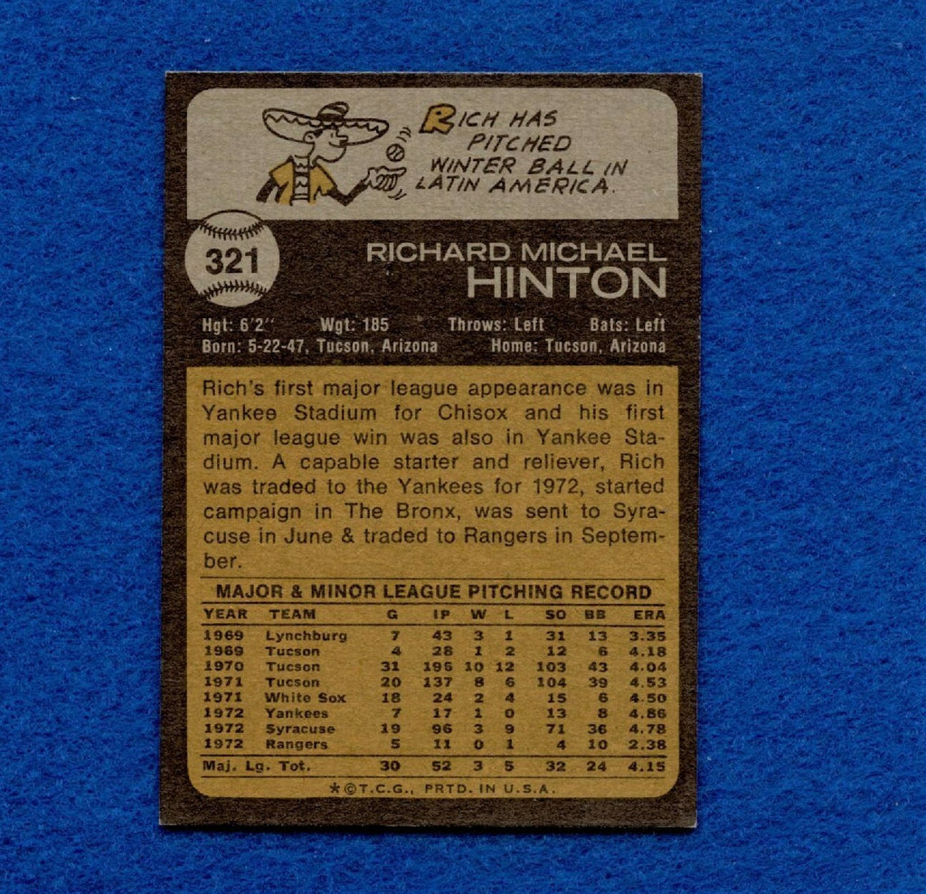 1973 Topps Set Break Pack Fresh #321 Rich Hinton NR MT *1295