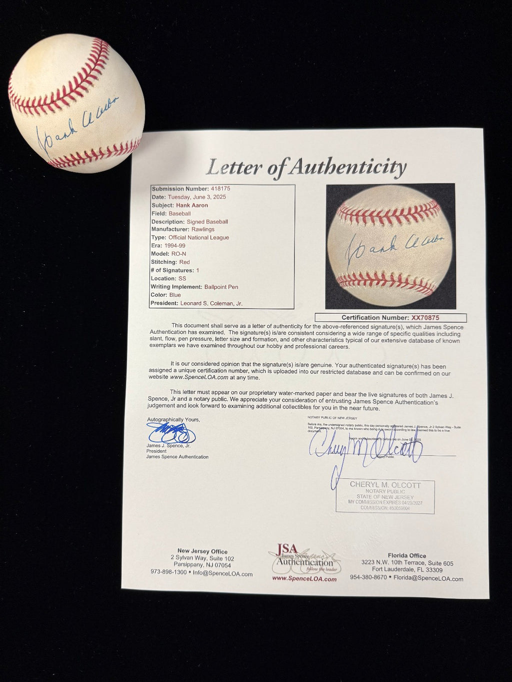 Hank Aaron Autographed Signed Rawlings ONL Baseball - JSA Authenticated (Toning)