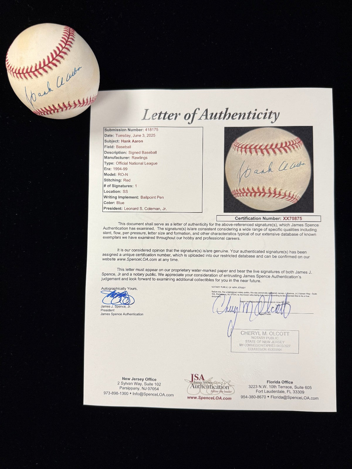 Hank Aaron Autographed Signed Rawlings ONL Baseball - JSA Authenticated (Toning)