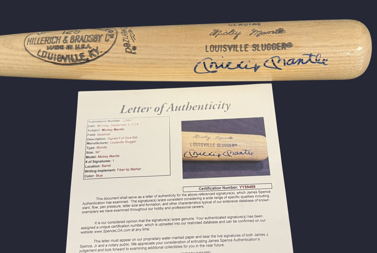 Mickey Mantle Signed Autographed Louisville Slugger Bat NY Yankees - JSA Letter