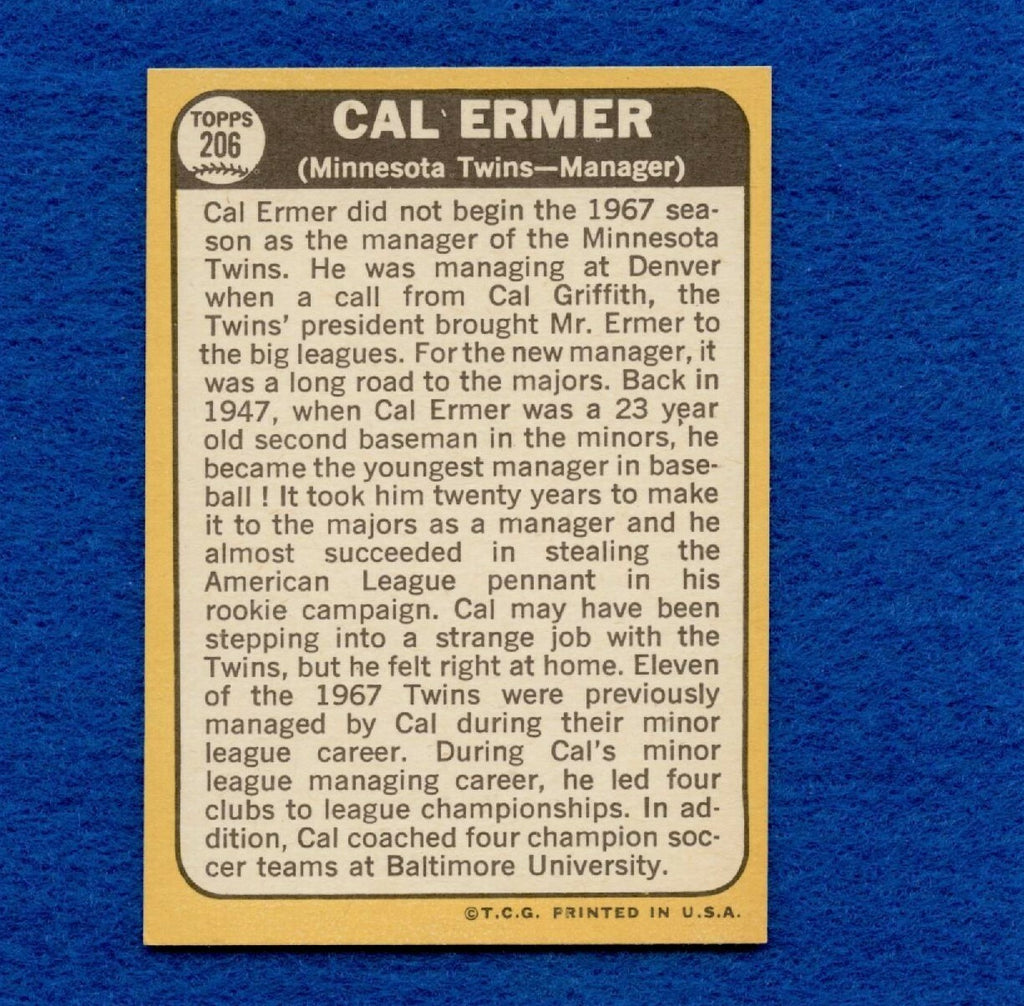 1968 Topps Set Break Pack Fresh #206 Cal Ermer EX MT #380