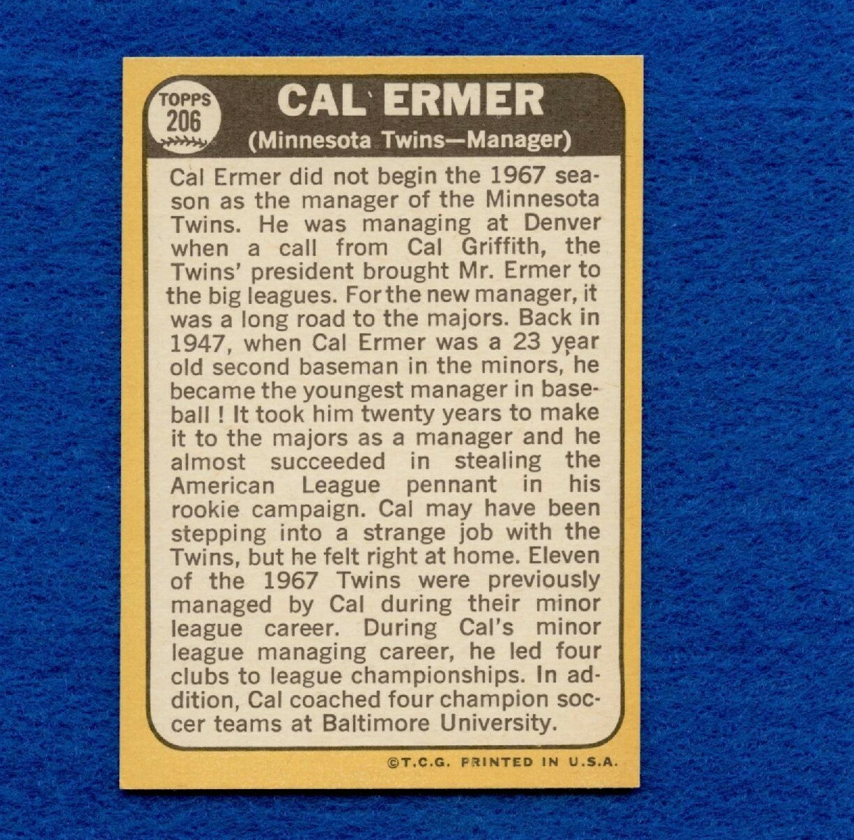 1968 Topps Set Break Pack Fresh #206 Cal Ermer EX MT #380