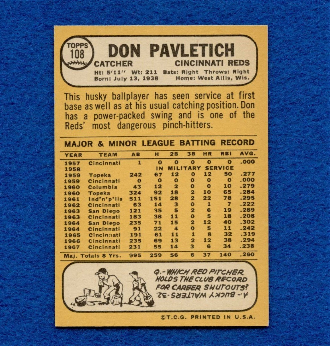 1968 Topps Set Break Pack Fresh #108 Don Pavletich NR MT *515