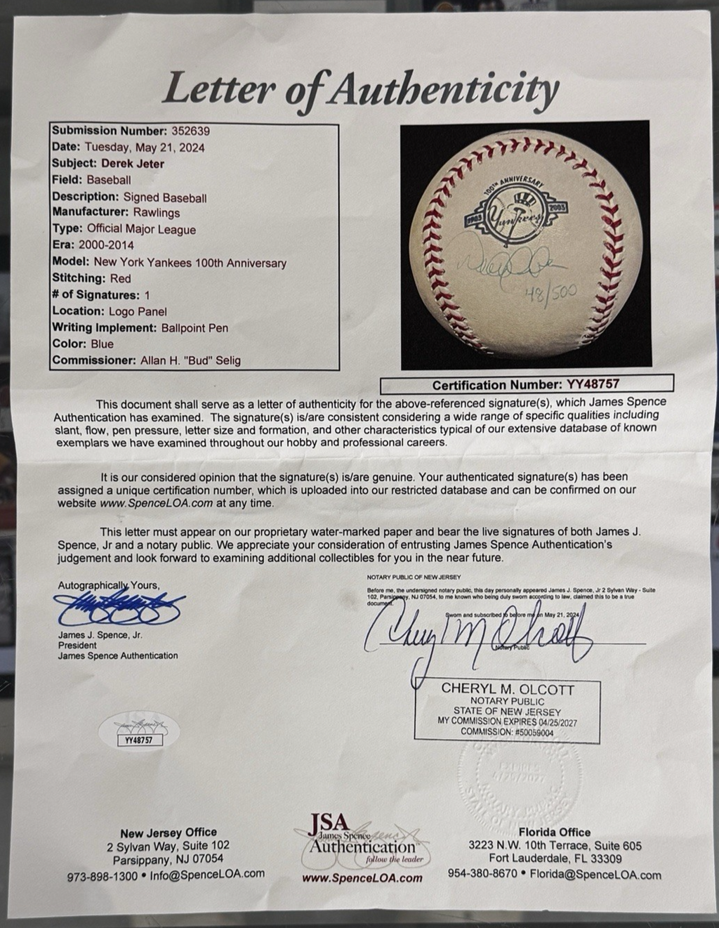 Derek Jeter Autographed Signed 100th Anniversary OMLB /500 - Steiner Authentic