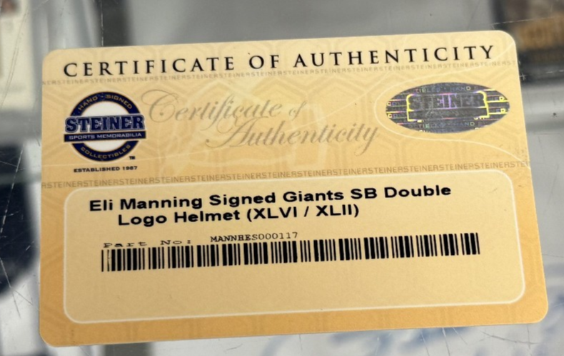 Eli Manning Signed Super Bowl XLVI/XLII Full Size Riddell Helmet - Steiner COA