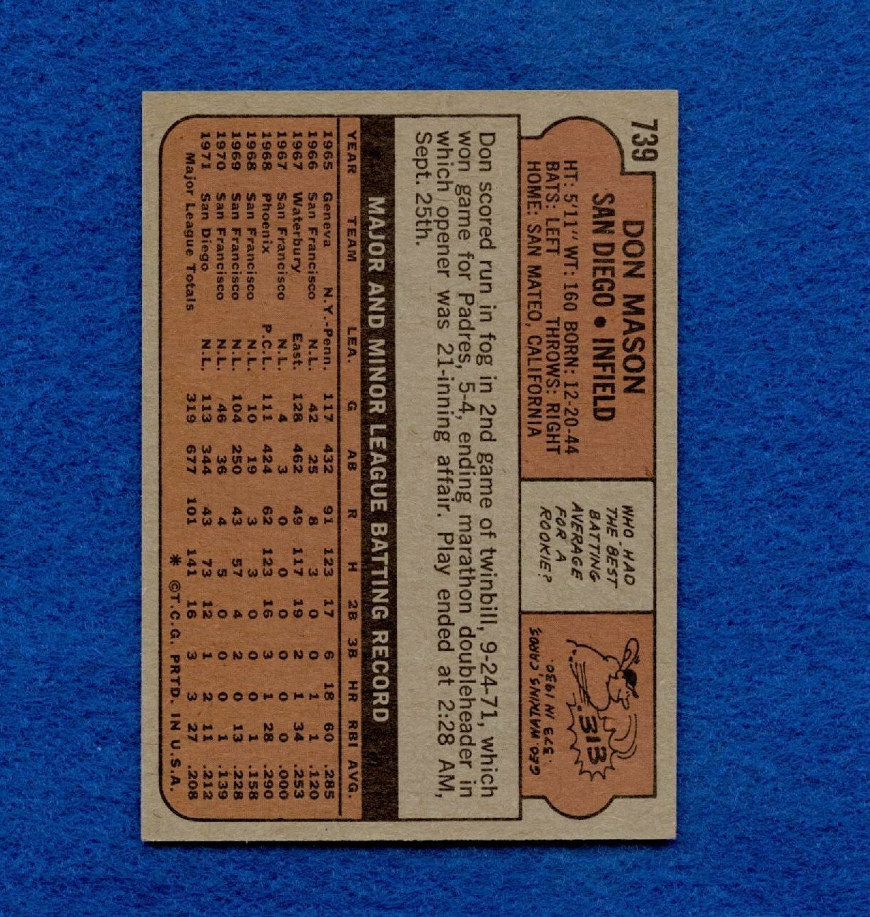 1972 Topps Set Break Pack Fresh #739 Don Mason EX+ *1142