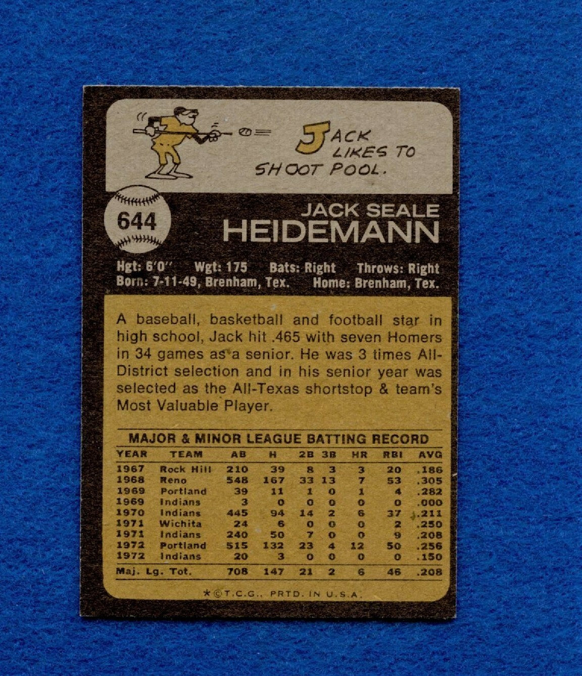 1973 Topps Set Break Pack Fresh #644 Jack Heidemann NR MT *1371