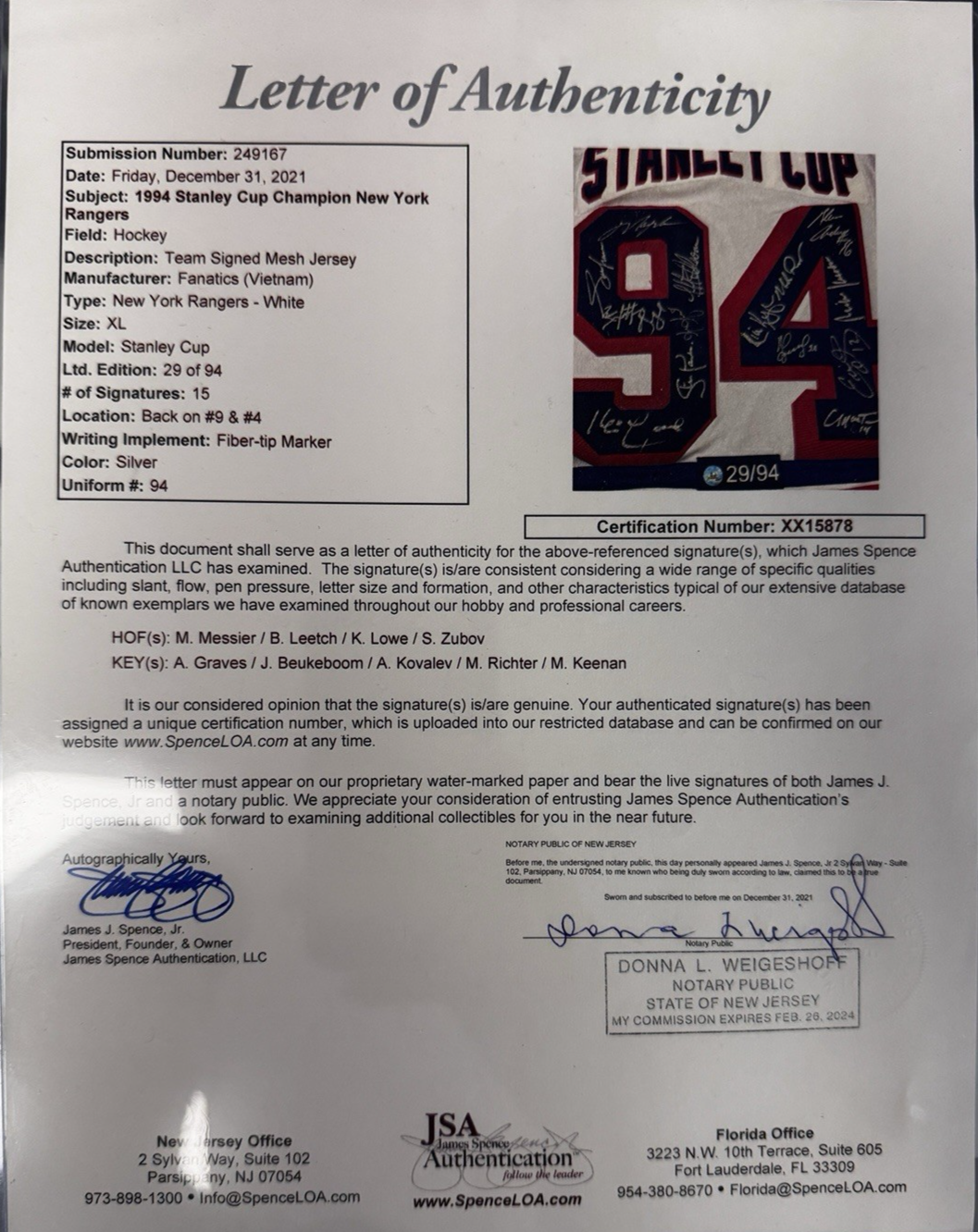 New York Rangers 1994 Stanley Cup Team Signed Autographed Fanatics Jersey /94