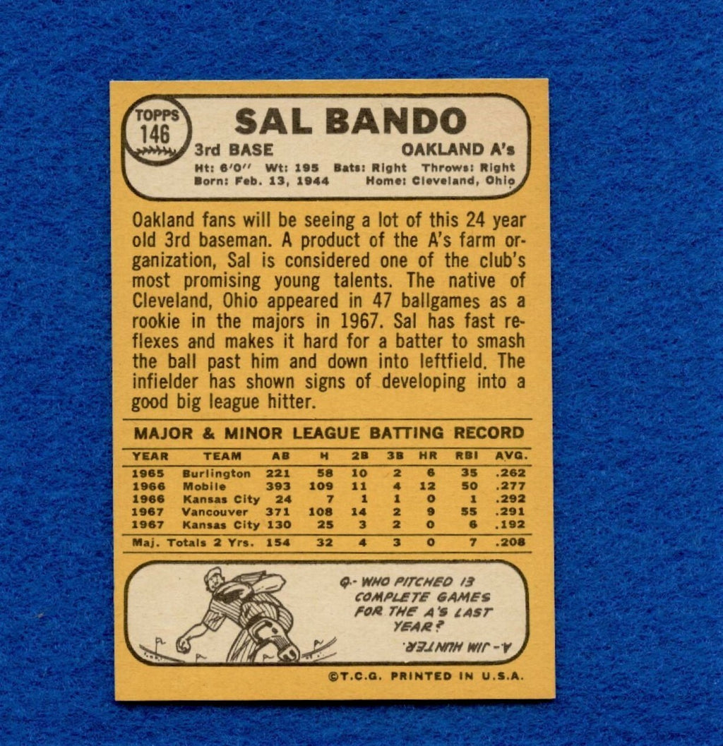 1968 Topps Set Break Pack Fresh #146 Sal Bando EX MT *527