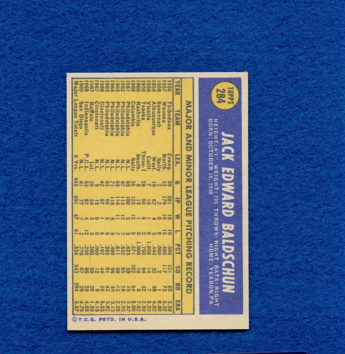 1970 Topps Set Break Pack Fresh #284 Jack Baldschun NR MT *910