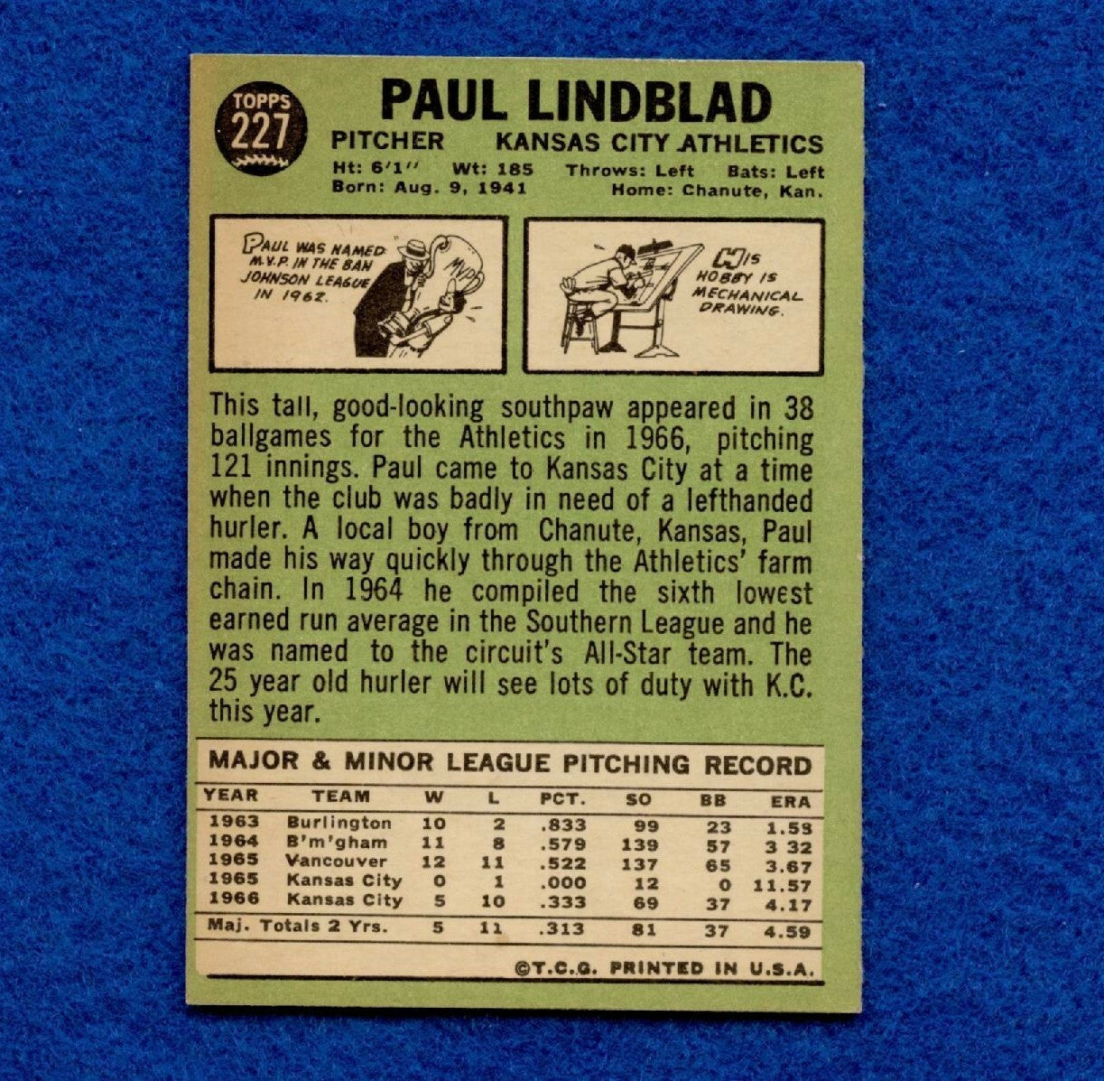 1967 Topps Set Break Pack Fresh #227 Paul Lindblad EX MT #53