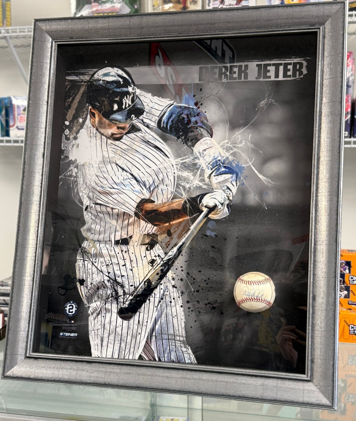 Derek Jeter Auto Shadowbox Game Used Ball - 27x24 - Framed - Steiner Auth.