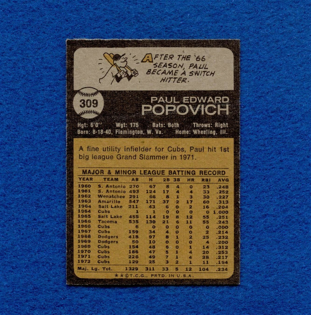 1973 Topps Set Break Pack Fresh #309 Paul Popovich NR MT+ *1392