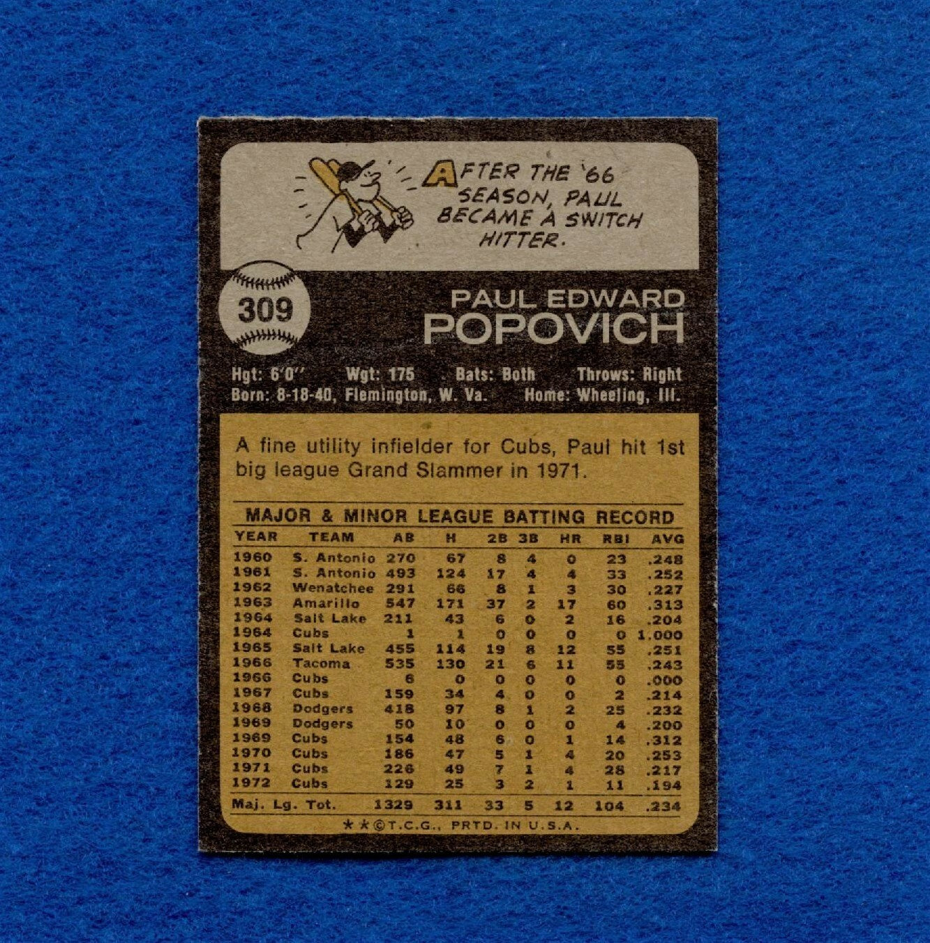 1973 Topps Set Break Pack Fresh #309 Paul Popovich NR MT+ *1392