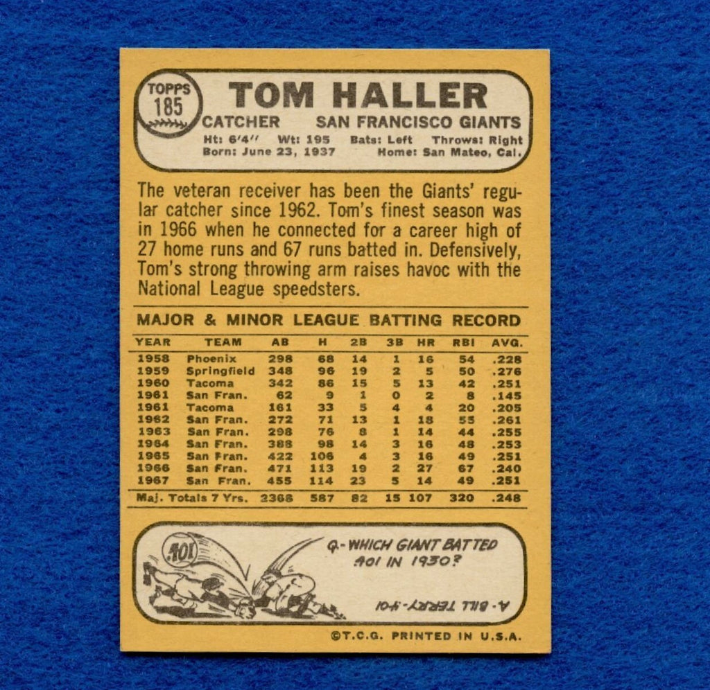 1968 Topps Set Break Pack Fresh #185 Tom Haller EX MT #376