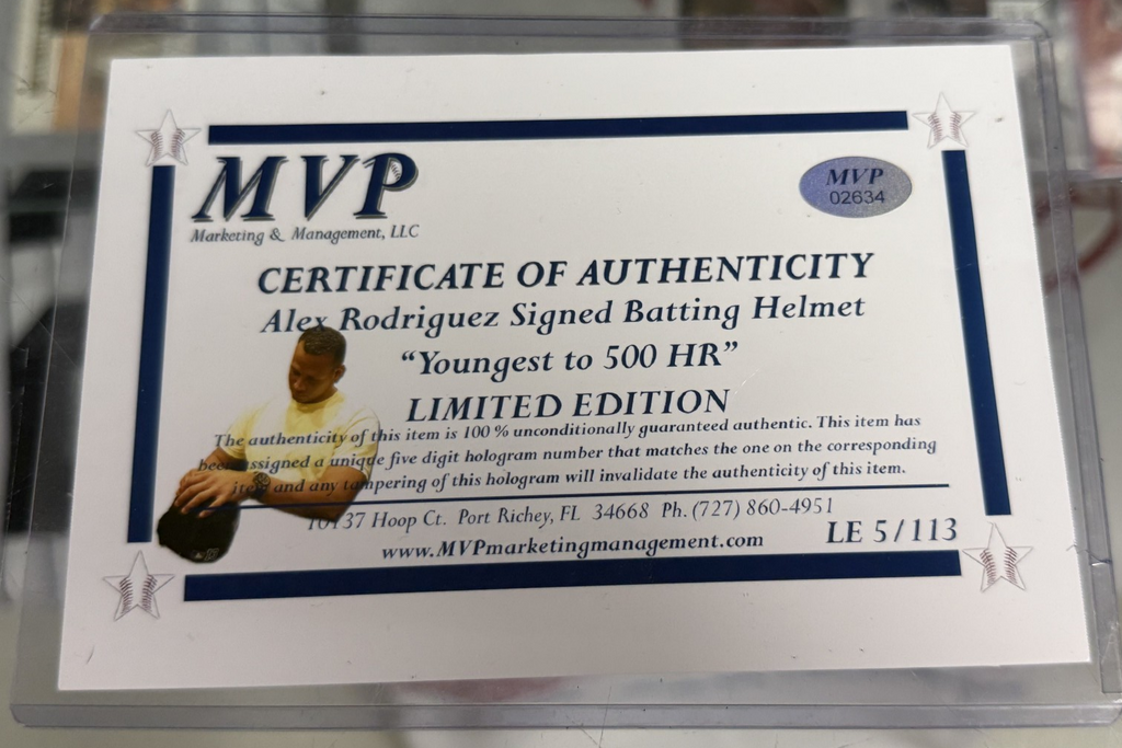 Alex Rodriguez Signed Full Size Yankees Helmet- Youngest Player to 500HR MVP COA